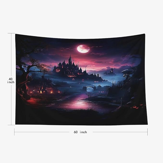 EMMTEEY Halloween Tapestry Halloween Castle Red Moon Dark 60X40 Inch Small Tapestry Wall Art Hanging Tapetries for Bedroom Living Room Dorm Décor