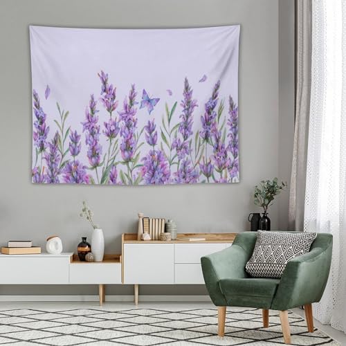 HZOHNAGO Lavender Flower Tapestry Watercolor Purple Floral Butterfly Pattern Printed Wall Tapestry Wall Hanging for Bedroom Living Room Dorm 80" W x 60" H - color: Lavender-10, size: 80"L x 60"W
