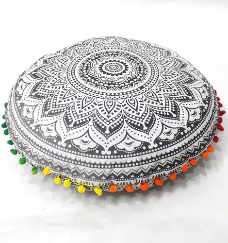 Round Mandala Floor Pillow Cover Seating Cushion Throw Cover Hippie Decorative Bohemian Ottoman Pouf Cover, Pom Pom Pillow Cases,Boho Indian 32 Inches Grey Ombre - color: Grey, size: 32" Round