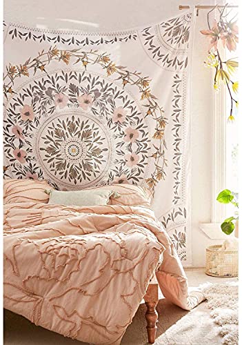 Orange Bohemian Tapestry Wall Hanging, Mandala Floral Medallion Hippie Tapestry with Light Brown Aesthetic Wreath Design, Cream Wall Decor Blanket for Bedroom Home Dorm