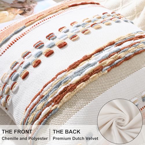 decorUhome Boho Decorative Throw Pillow Covers 18x18 Set of 2, Striped Chenille Tufted Pillow Covers with Tassels for Couch Bed Sofa, Cream White and Orange - color: Cream White and Orange