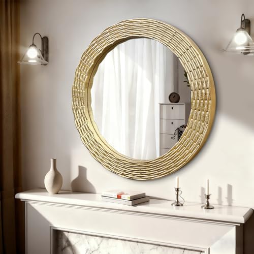 WAMIRRO Gold Round Wood Mirror, 28 Inch Hand Carved Solid Wood Frame Circle Mirror for Wall Mount, Farmhouse Boho Decor for Living Room, Bathroom, Bedroom, Hallway & Entryway - size: 28"L x 28"W