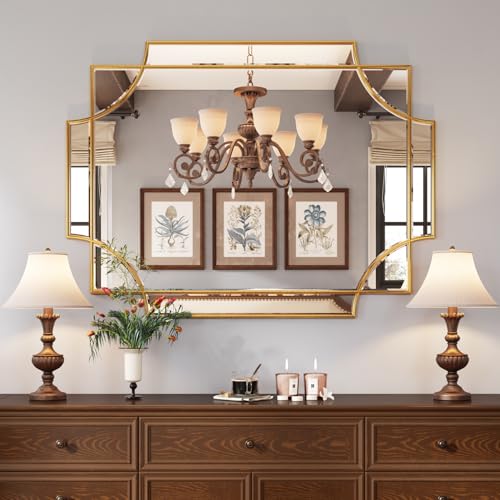 Kelly Miller Large Gold Decorative Mirror for Wall, 30"x40" Gold Bathroom Mirror Rectangle Vanity Wall Mirror Beveled for Master Bath Half Bath Living Room Bedroom Farmhouse Fireplace Hallway - size: 40"L x 29.2"W