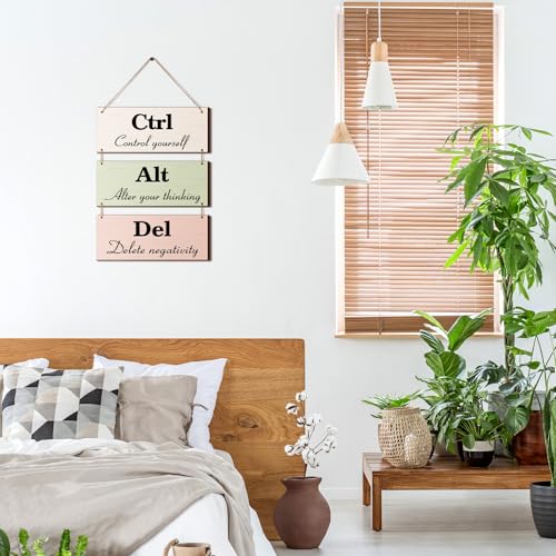 Qunclay 3 Pcs Office Wall Decor Boho Leaves Wood Rustic Hanging Cubicle Decor Summer Inspirational Ctrl Alt Del Sign Decoration for Bathroom Indoor Home Living Room - color: Boho, style: Leaves