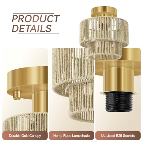 BoostArea 8.66” Boho 2-Tier Rattan Ceiling Light Fixture, Semi Flush Mount Woven Chandelier for Bedroom, Dining Room, Kitchen, Entryway, Living Room(Bulb not Included) - color: Beige