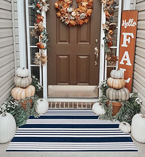 Blue and White Striped Doormat 24'' x 35'' Front Porch Rug Machine Washable Indoor Outdoor Doormat for Front Porch Hand-Woven Entryway Rug for Laundry/Bathroom/Bedroom - color: Blue White, size: 2' x 3' (Rectangular)