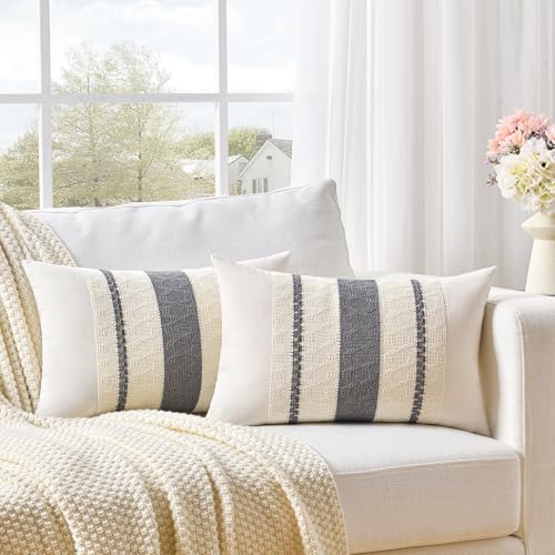 Fancy Homi Set of 1 Neutral Grey Farmhouse Lumbar Decorative Throw Pillow Covers 12x20 Inch for Couch Bed Chair, Vintage Country Rustic Retro Room Decor, Soft Thick Cotton Rectangle Cushion Case - color: Gray, size: 20" x 12" (Pack of 1)