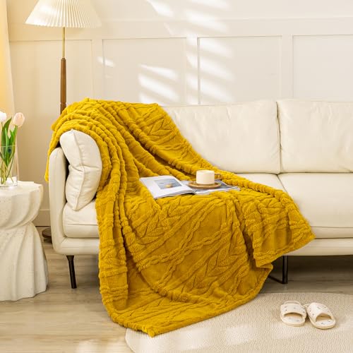 YUSOKI Sherpa Large Throw Blanket Single Layer,Light Weight(1.7lb),320GMS-3D Stylish Design for Gift Home Decor (Mustard Yellow,50"x65") - color: Mustard Yellow, size: Throw (50" x 65")
