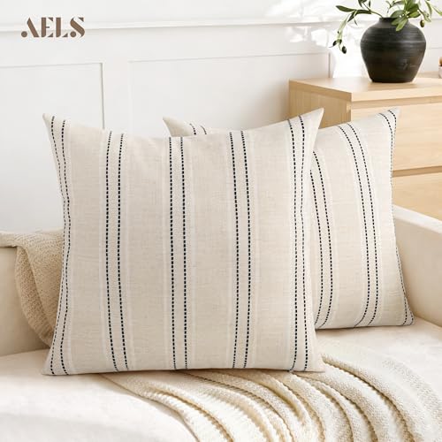AELS 24x24 Decorative Farmhouse Linen Throw Pillow Covers, Boho Textured Pillow Case, Set of 2, Beige with White & Black Stitch Yarn Dyed Stripe Cushion Cover for Sofa Couch Living Room (Cover ONLY) - color: Beige With White & Black, size: 24" x 24" (Pack