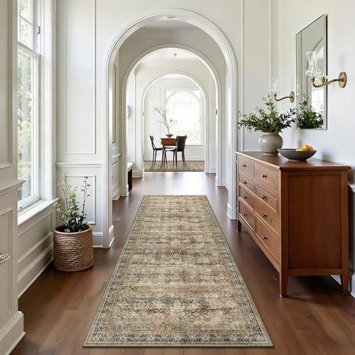 2x6 Hallway Runner Rug, Washable Vintage Retro Long Runner Rugs for Kitchen Laundry, Soft Ultra Thin Non Slip Low Pile Traditional Distressed Boho Carpet for Bedroom Bathroom, Charcoal Olive - color: B-charcoal / Olive, size: 2x6