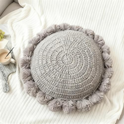 Byitre Bohemian Round Pillow 20 Inch | 100% Cotton Decorative Pillow Hand Tufted with Chunky Textured Poms | Boho Throw Pillow for Bed or Couch | Natural Grey Throw Pillow - color: Sunflower Grey