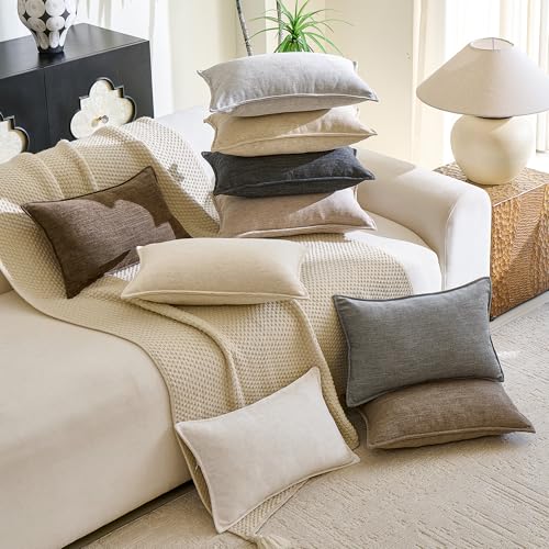 Chenille Linen Lumbar Pillow Covers 12x20 Set of 2, Thick Textured Boho Pillow Covers, Farmhouse Decorative Pillow Covers, Neutral Vintage Accent Covers for Couch Sofa Bed, Apricot - color: Apricot, size: 20" x 12" (Pack of 2)