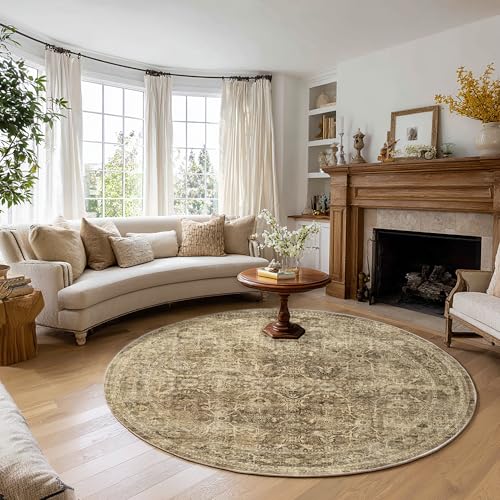 FMFUNCTEX 6ft Round Washable Area Rug Brown Vintage Neutral Distressed Non Slip Carpet for Living Room Bedroom Soft Low Pile Indoor Mat Retro Floral Throw Rug for Dining Room Office Nursery Entry - color: Brown, size: 6' (Round)