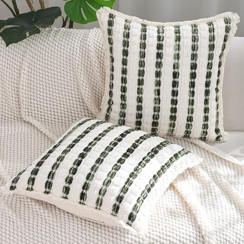 LUOYEHK Chenille Striped Throw Pillow Covers 18x18 Inch Set of 2 Boho Decorative Pillowcases with Fringe Farmhouse Neutral Green and Beige Cushion Covers for Couch Sofa Bed Living Room - color: Green and Beige, size: 18" x 18" (Pack of 2)