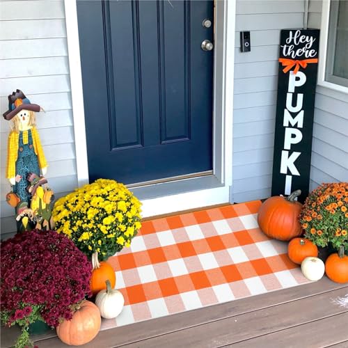 KIMODE Fall Door Mat Outdoor Orange and White 24"x51",Halloween Doormat,Washable Cotton Buffalo Plaid Check Front Door Rug for Layering Rugs,Halloween Porch Decorations,Entryway,Farmhouse - color: Orange/White, size: 2' x 4'3" (Rectangular)