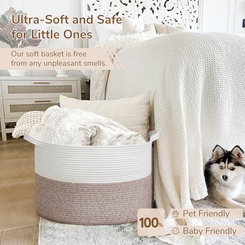 INDRESSME Large Blanket Basket, Laundry Toy Storage Baskets, Decorative Woven Basket for Living Room & Nursery, Baskets for Gifts Empty, Laundry, Dog Toys, Towels, White & Brown, 19.7" D x 12.6" H - color: White & Brown, size: 19.7"D x 12.6"H