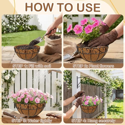 4 Pack 10 inch Metal Hanging Baskets for Plants, Round Metal Wire Hanging Basket Planter with Coco Fiber Liners Chain for Garden Home Porch Patio, Flower Border - size: 10" x 4 Pack, style: Flower Border