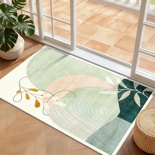MUJOO 2x3 Washable Rug Small Area Rugs for Entryway Kitchen Bedroom,Boho Non Slip Throw Carpet for Bathroom Entrance Door Mat Mid Century Modern Abstract Botanical Geometric Accent Green - color: Green（modern）, size: 2' x 3' (Rectangular)