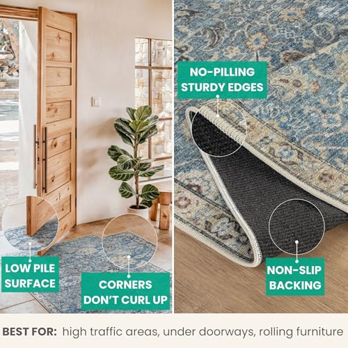 Bloom Rugs Washable Non-Slip 2x3 Rug - Blue/Beige Traditional Oriental Area Rug for Living Room, Bedroom, Dining Room, and Kitchen - Exact Size: 2' x 3' - color: Blue / Beige, size: 2' x 3' (Rectangular)