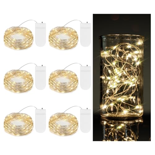 6 Pack Fairy Lights Battery Operated 7.2 ft 20 LED Mini String Lights Waterproof Silvery Copper Wire Firefly Starry Lights for Wedding Bedroom Party Christmas Decor(Warm White) - color: Warm White