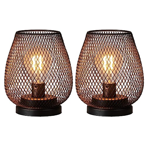 Set of 2 Battery Operated Lamp LED Table Lantern, Brown Metal Cage Cordless Lamps with LED Bulb，Vintage Decorative Outdoor Lantern for Weddings, Parties, Patio, Events for Indoors Shelf Decor - style: Bronze Egg / Timer