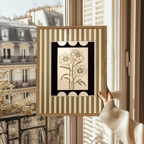 Modern Boho Flower Wall Art Abstract Plant Floral Wall Decor Painting, Vintage Botanical Striped Poster Canvas Print Picture for Living Room Bedroom 12x16 inch Wood Framed - color: Floral E, size: 16"L x 12"W