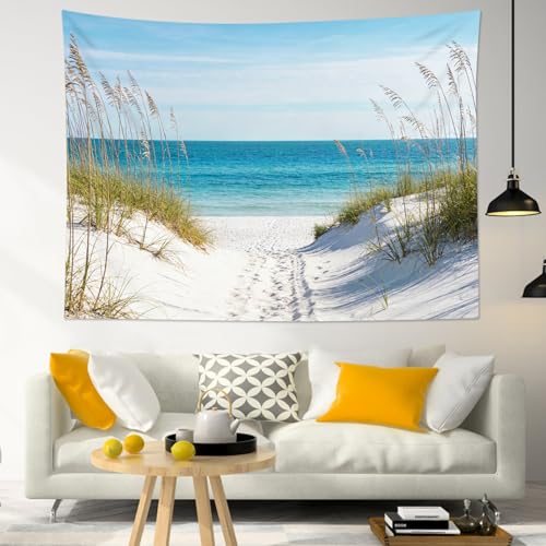 SCECALA Blue Beach Tapestry Summer Seascape Blue Ocean Wall Art Tapestry Seaside Nature Landscape Wall Hanging for Bedroom Living Room College Dorm Photography Home Decor 92.5x70.9 Inch - color: Blue White, size: 70.9"L x 92.5"W
