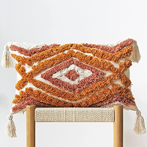 JOJUSIS Boho Lumbar Throw Pillow Covers with Handmade Tassels Decorative Woven Tufted Orange Lumbar Pillowcase for Couch Bedroom 12 x 20 Inch - color: Orange, size: 20" x 12" (Pack of 1)