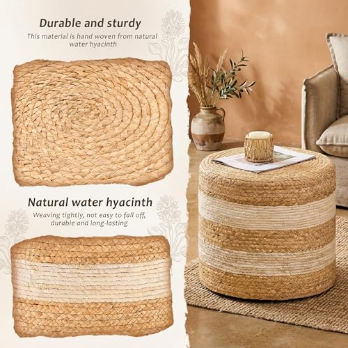 Handmade Water Hyacinth Ottoman - 17.7" Round Woven Foot Stool with High-Density Padding - Decorative Straw Pouf for Living Room & Bedroom, Boho Floor Seating & Small Tea Table, White