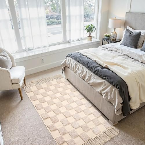 Boho Bathroom Rugs Beige Checkered Runner with Tassels, Boho Bath Mat Kitchen Runner Rug Washable, 2'x4.3' Tufted Rug - color: Checkered Cream, size: Medium(2'x4.3')