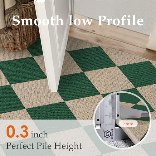 PureCozy 2x8 Checkered Easy Jute Runner Rug Non Slip Hallway Kitchen Washable Outdoor Rug for Entryway Indoor Checkerboard Green Long Indoor Outdoor Carpet for Bedside Entry Front Door Porch - color: Green|checkerboard-1, size: 2' x 8' (Runner)