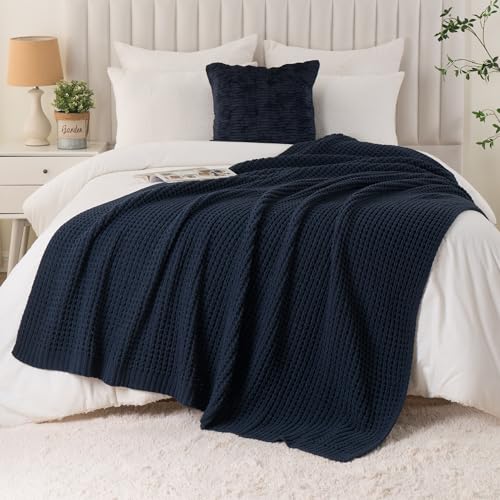 Bunnikins & Clover Navy Blue Throw Blanket for Couch, Knitted Blue Blanket Throw 50''x60'', Super Soft Waffle Navy Throws for Chair Sofa Home Decor - color: Navy, size: 50"x60"
