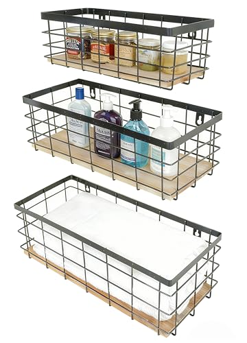 ShabbyDecor Metal Wire Basket Detachable Wood Base Storage Organizer Farmhouse Hanging Basket for Kitchen Cabinets, Bathroom, Pantry, Laundry Room Set of 3,Black Color - color: Black, size: Small&Medium&Large