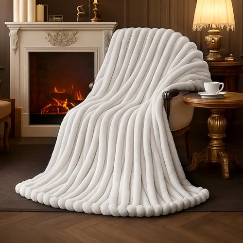 Amélie Home Faux Fur Throw Blanket for Couch, Cozy Fuzzy Fluffy Fur Luxurious Soft Striped Plush Gift Blankets for Family Sofa Chair Bedroom, 55"x70", Ivory - color: Striped Ivory, size: Throw(55"x70")