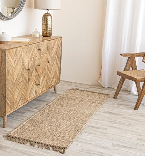 HOMEMONDE Braided Chunky Jute Runner Rug 2'x6' with Tassels - Natural Handwoven Rustic Vintage Farmhouse Style Rug, Ideal for High Traffic Areas - Entryway, Kitchen, Living Room, Bedroom and Hallway - size: 2' x 6' (Runner)