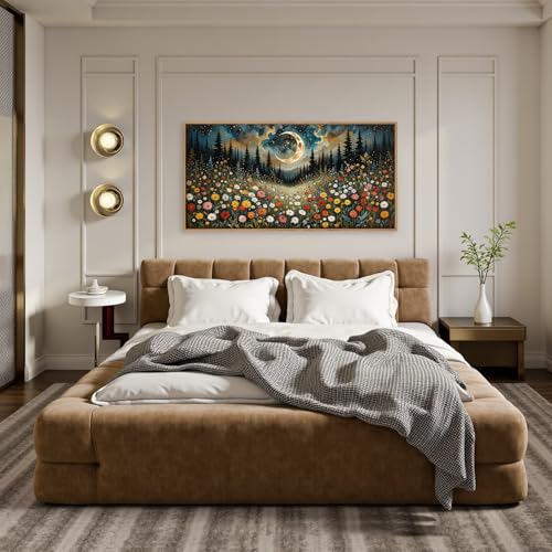 HPINUB Wildflower Moon Pine Tree Framed Canvas Wall Art Set,Nature Forest Wall Decor,Mystical Starry Night Artwork Rustic Mountain Landscape Art Print for Living Room,Bedroom,Office-20 x40 - color: Wildflower Moon Wall Art, size: 40"L x 20"W