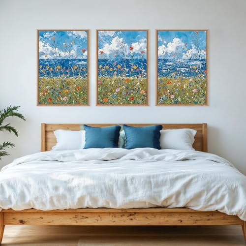 BICERE Large Blue Seaside Wildflower Framed Canvas Wall Art,Modern Nature Ocean Wall Decor,Rustic Sky Printing,White Cloud Landscape Artwork for Living Room,Bedroom,Dining Room-24"x36"x3 - color: Seaside Flowers Wall Art, size: 36"L x 24"W