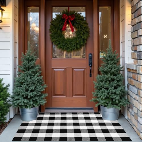 Buffalo Plaid Area Rug, Checkered Rug 3x5 Ft, Black and White Rug, Washable Cotton Mat for Front Porch, Entryway, Kitchen, Living Room, Home Decor - color: Black & White, size: 3' x 5' (Rectangular)