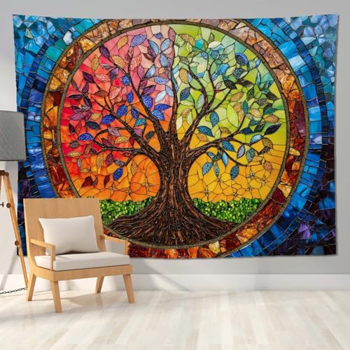 keowhsf Tree of Life Tapestry Wall Hanging – Colorful Stained Glass Look Wall Art with Fantasy Aesthetic, Large Tapestry for Bedroom, Living Room, Home Decor - color: TreeGlass, size: 80"L x 60"W