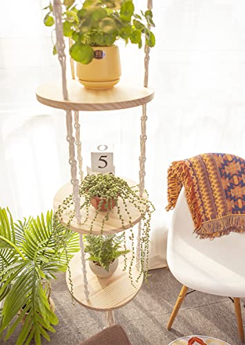 YKBU Macrame Plant Hanger Shelf Hanging Rope Shelf Indoor with Boho Lamp Shade 3 Tier Floating Round Shelves Decorative Shelf Flower Pot Holder Planter Display Rack Boho Home Decor-1 Set - color: Cream