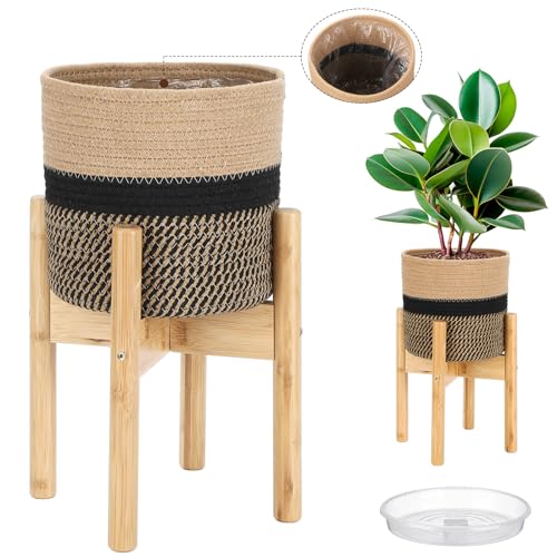 Plant Basket with Stand Indoor Planter Pot Holder Sturdy Jute Rope Modern Woven Basket, Cotton Rope Woven Pot with Bamboo Stand(7.87 Inch,Black and Beige Stripes) - color: Black and Beige Stripes, size: 7.87 Inch