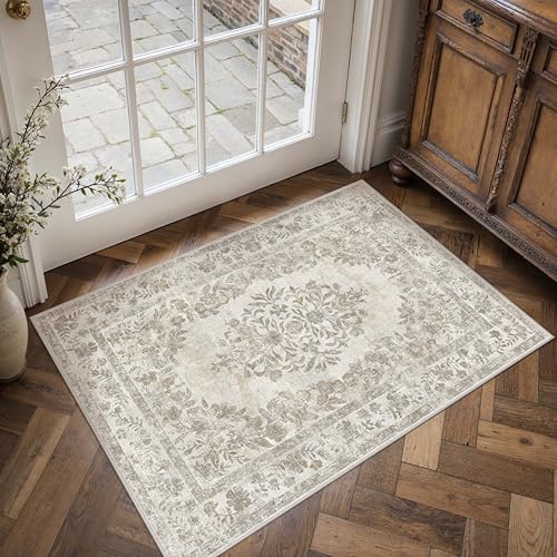 PureCozy 2x3 Area Rug Beige Washable Entryway Door Mat Indoor Vintage Medallion Floral Carpet Kitchen Bathroom Distressed Entrance Retro Small Non Slip Accent Throw Bedroom Office Dining Living Room - color: Vintage Beige/Cream, size: 2' x 3' (Rectangular