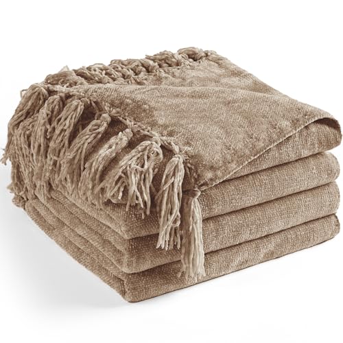 Chenille Throw Blanket for Couch 50"X 60", Soft Cozy Throws with Fringe Tassel for Bed Sofa Chair Cover, Lightweight Knitted Decorative Boho Blankets for Living Room, Taupe - color: Taupe, size: 50x60 inch