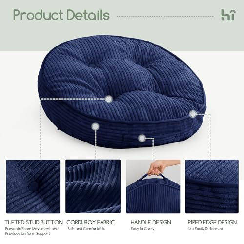 HIGOGOGO Floor Pillow Cushion for Adults, Meditation Cushion Pillow, Large Round Floor Sitting, Tufted Corduroy Cover, for Tatami Living Room or Yoga, 22x22 Inch, 2Pack, Navy - color: Round Navy, size: 4" Thick(Pack of 2)