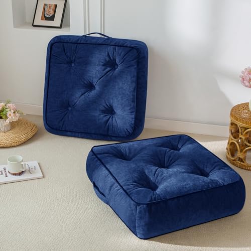HIGOGOGO 6" Extra Thick Floor Pillow Cushion for Adults, Meditation Cushion Pillow with Handle, Lustrous Chenille Tufted, Square Floor Sitting for Tatami Living Room or Yoga, 22x22 Inch, 2Pack, Navy - color: Square Navy, size: 6" Thick(Pack of 2)