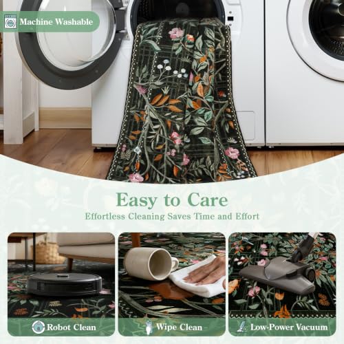 Morebes Floral Washable Rug Runners for Hallways Non Slip, Flower Kitchen Runner Rug 2x6, Boho Botanical Ultra-Thin Soft Floor Carpet for Bathroom Entryway Laundry Room, Black - color: Black, size: 2' x 6' (Rectangular)