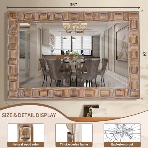 36x24 Inch Rustic Rectangle Wall Mirror - Solid Wood Frame Bathroom Vanity Mirror for Over Sink, Entryway, Living Room & Bedroom - color: C - Rectangle - 36x24 in