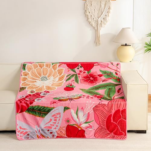 Tyrot Pink Boho Floral Valentine Flannel Fleece Throw Blanket – Soft, Warm & Lightweight Fuzzy Blanket for Couch, Bed, or Sofa Decor, Cute Botanical Design for Women & Girls, 50''x60'' - color: Boho Rose, size: Throw(50''x60'')