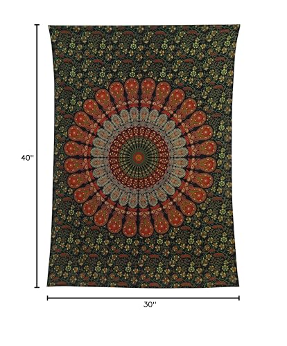 Bless International Handmade Indian hippie Bohemian Psychedelic Peacock Mandala Wall hanging College Dorm Beach Throws Table Cloth Bedding Tapestry (Golden Green, Poster(30x40Inches)(76x101cms)) - color: Golden Green, size: 40"L x 30"W