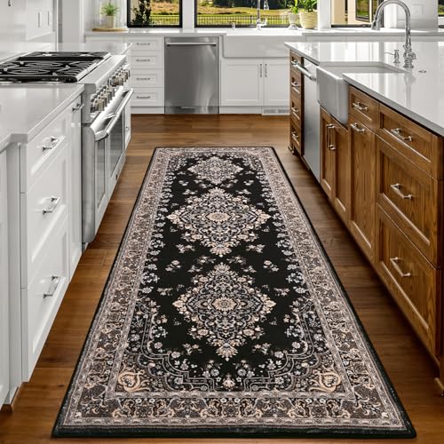 HOMORE Vintage Runner Rug-2x6 Hallway Runner Rug for Entryway Non Slip Washable Bedroom Rug Faux Wool Low Pile Floor Carpet Runner for Kitchen Indoor Front Entrance Laundry Living Room Dorm, Black - color: Black, size: 2' x 6' (Rectangular)